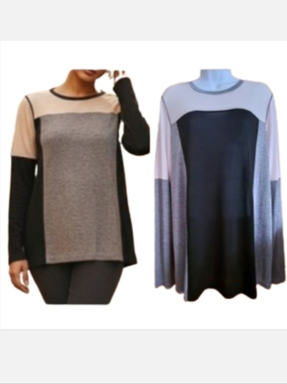 Vince-Colorblock Long Sleeve Lightweight Tunic Top - Black, Gray & Pale Pink